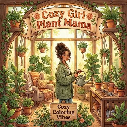 Cozy Girl Plant Mama: Hygge Botanical Greenhouse Cute & Fun Coloring Book Easy Bold Line Designs of Potted Ferns, Terrariums, Watering Cans & Indoor J