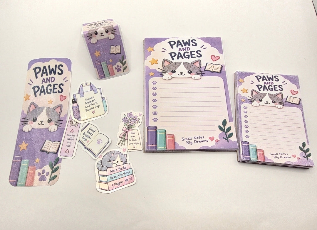 Paws & Pages Cat Stationery Gift Bundle - 10pc Laminated Bookmark & Notepad Set