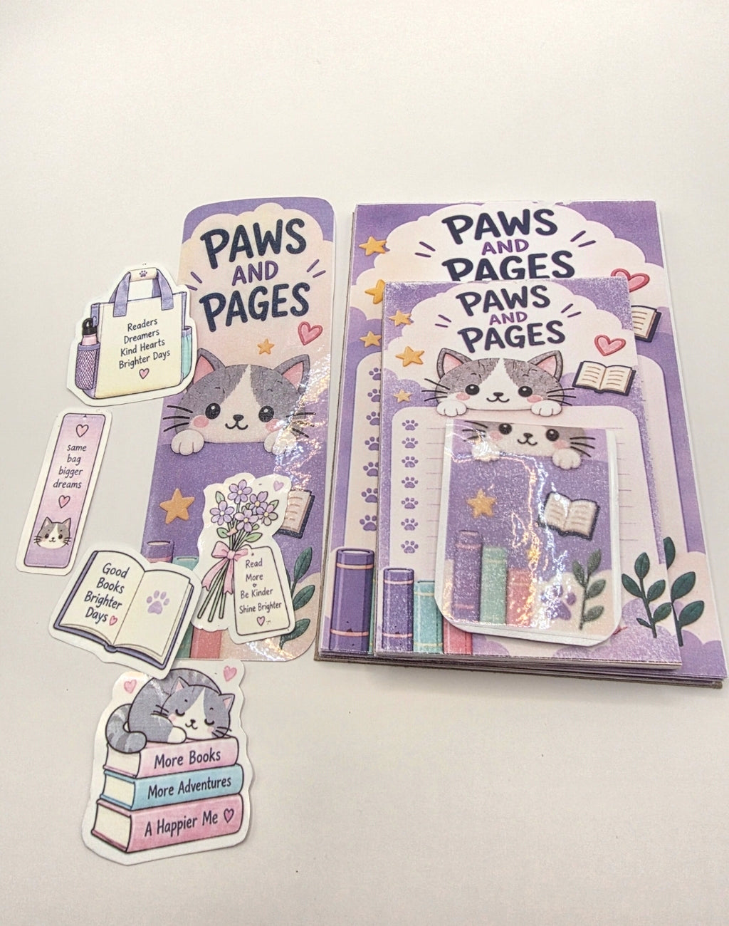 Paws & Pages Cat Stationery Gift Bundle - 10pc Laminated Bookmark & Notepad Set
