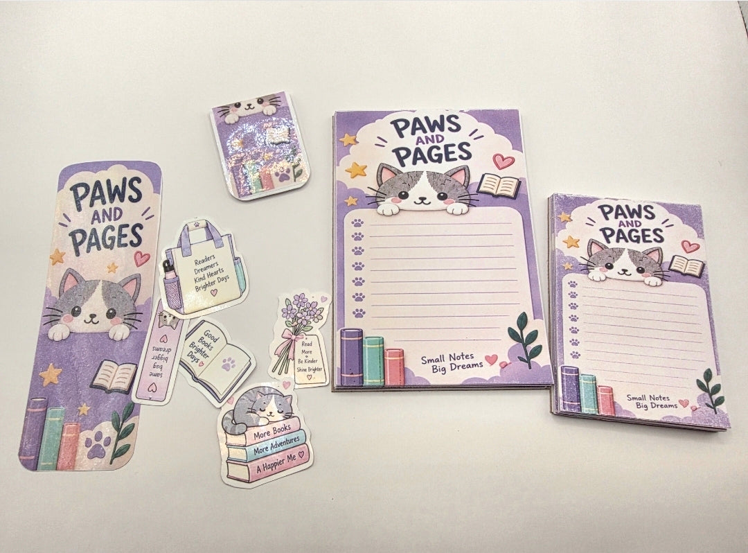 Paws & Pages Cat Stationery Gift Bundle - 10pc Laminated Bookmark & Notepad Set