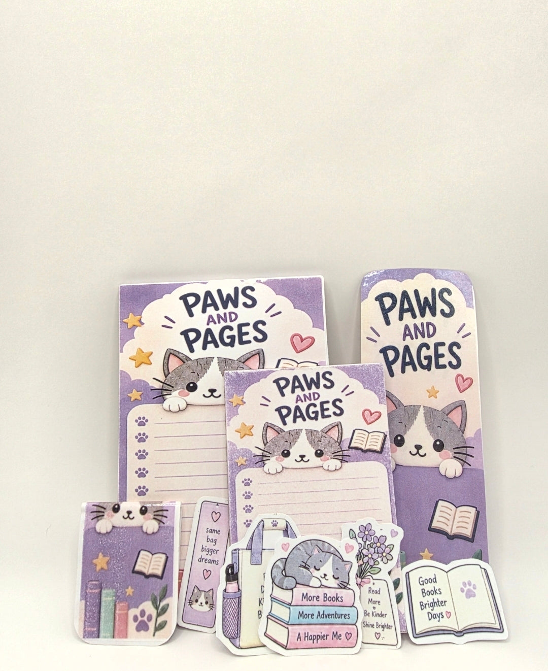Paws & Pages Cat Stationery Gift Bundle - 10pc Laminated Bookmark & Notepad Set