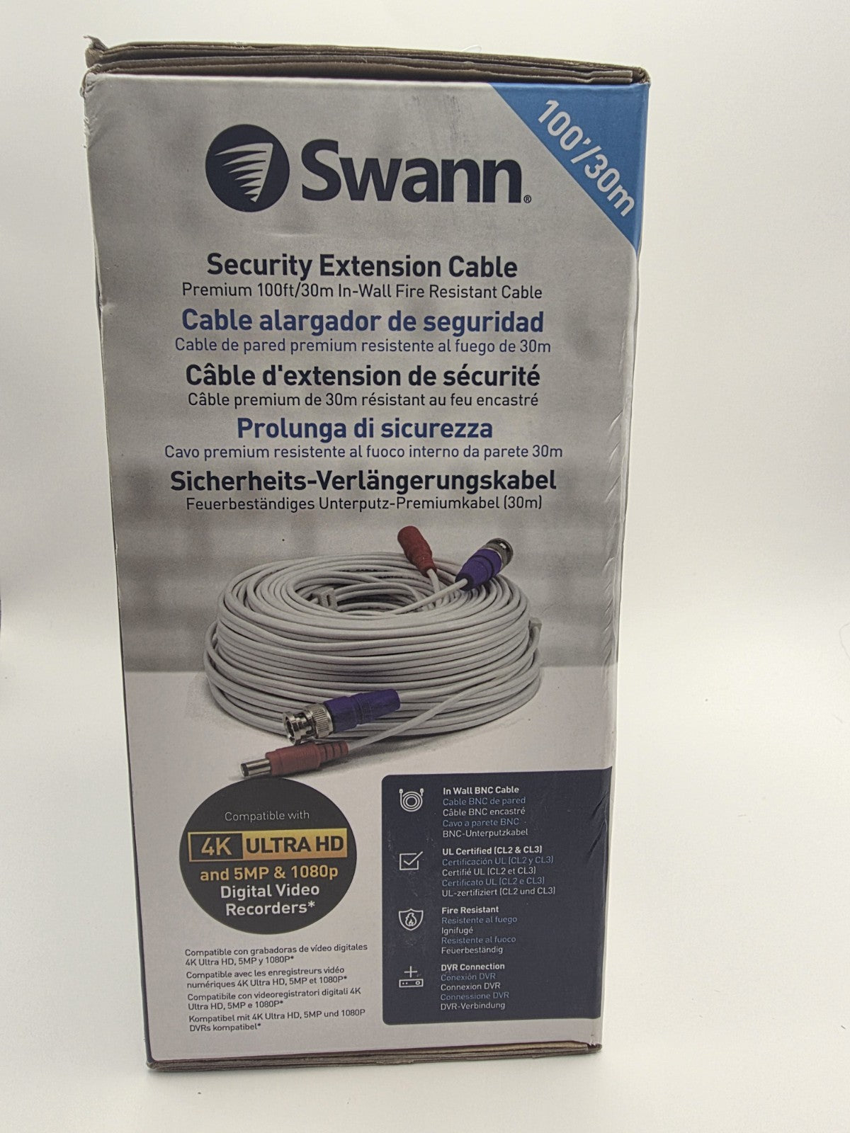 Swann 100ft/30m In-Wall Fire Resistant 4K BNC Video + DC Power Cable