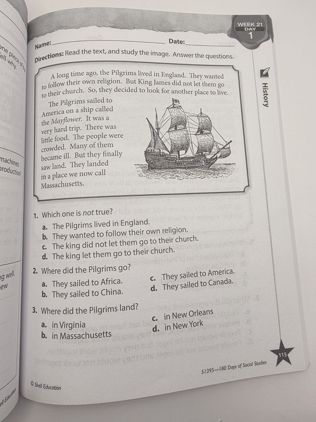 Shell Education 180 Days of Social Studies Grade 3 Workbook w/Answer key (New)