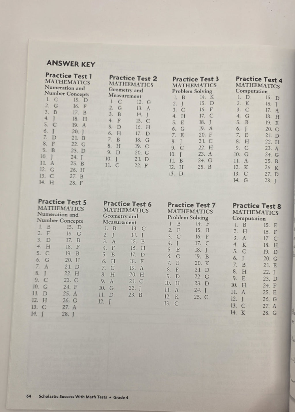 Scholastic Success With Math Tests Grade 4 Workbook 64 Pages (New)