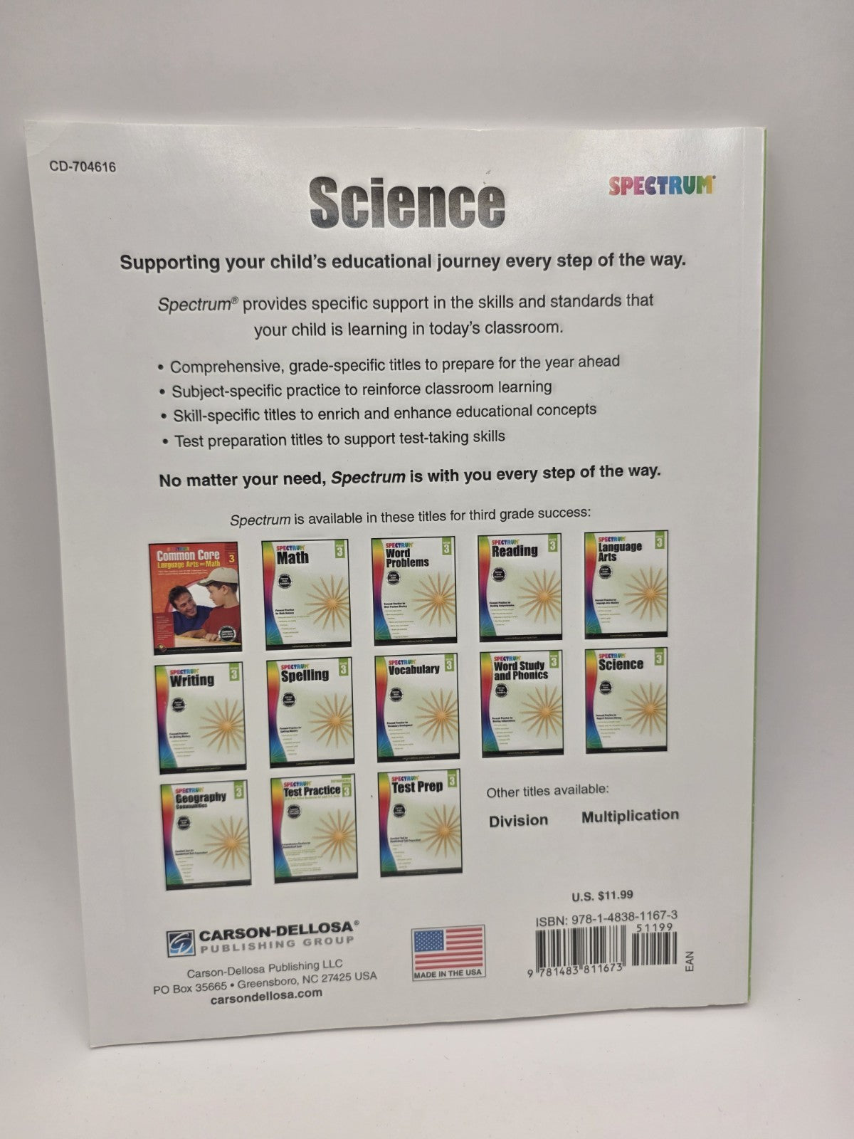 Spectrum Science Grade 3 Workbook with Answer Key Carson-Dellosa (New)