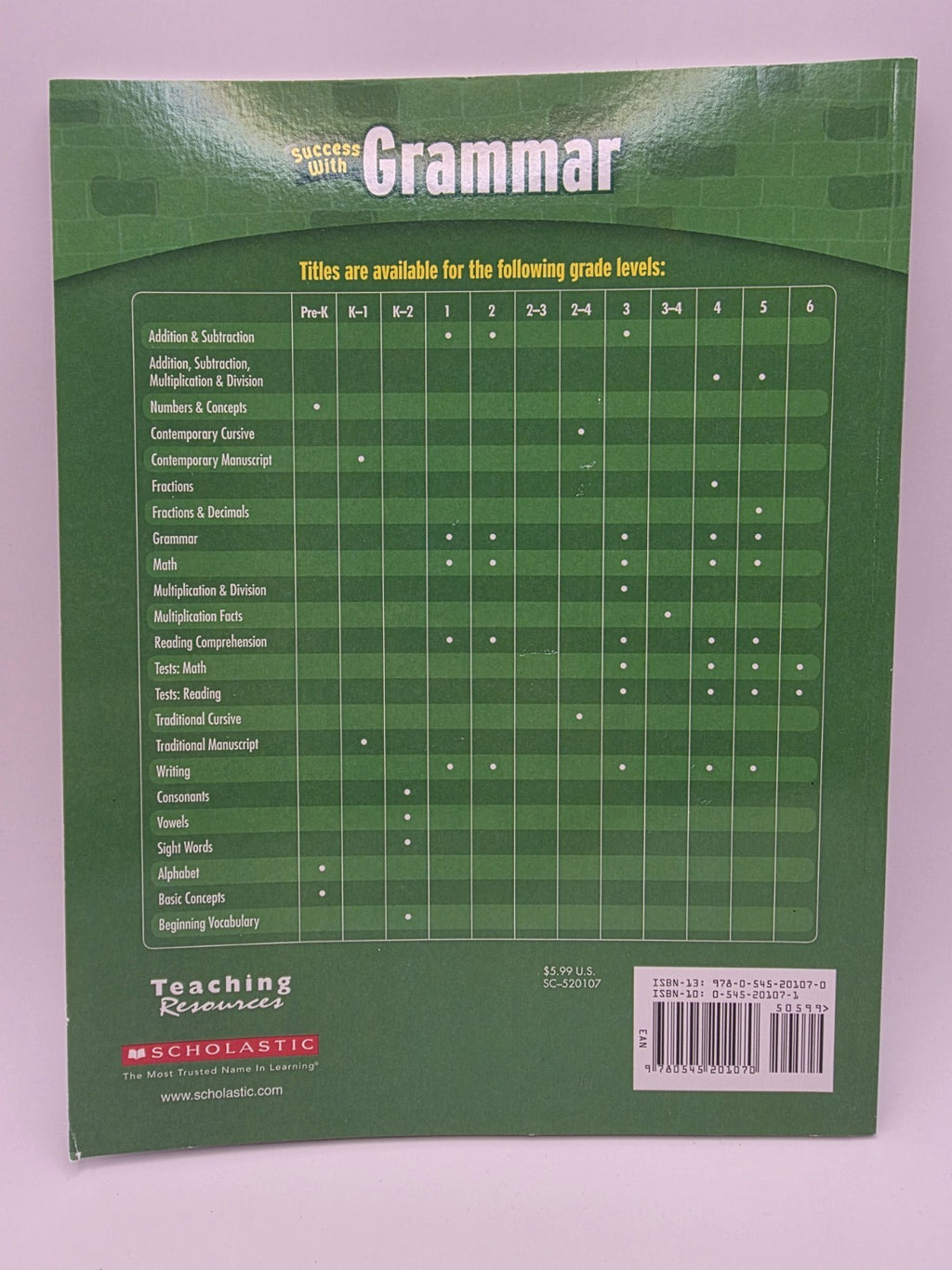 Scholastic Success With Grammar Grade 1 Workbook Paperback w/ Answer Key (New)