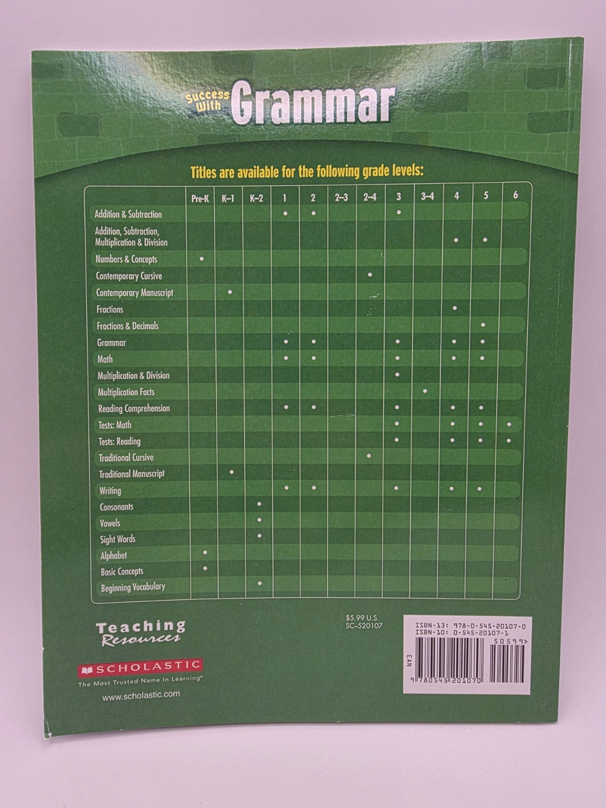 Scholastic Success With Grammar Grade 1 Workbook Paperback w/ Answer Key (New)