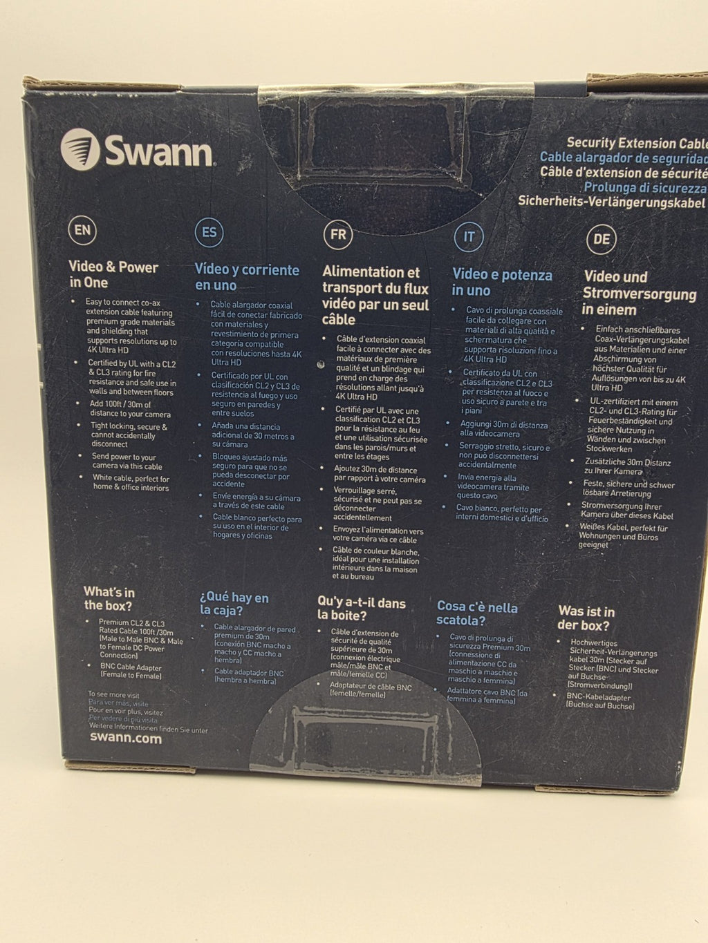 Swann 100ft/30m In-Wall Fire Resistant 4K BNC Video + DC Power Cable