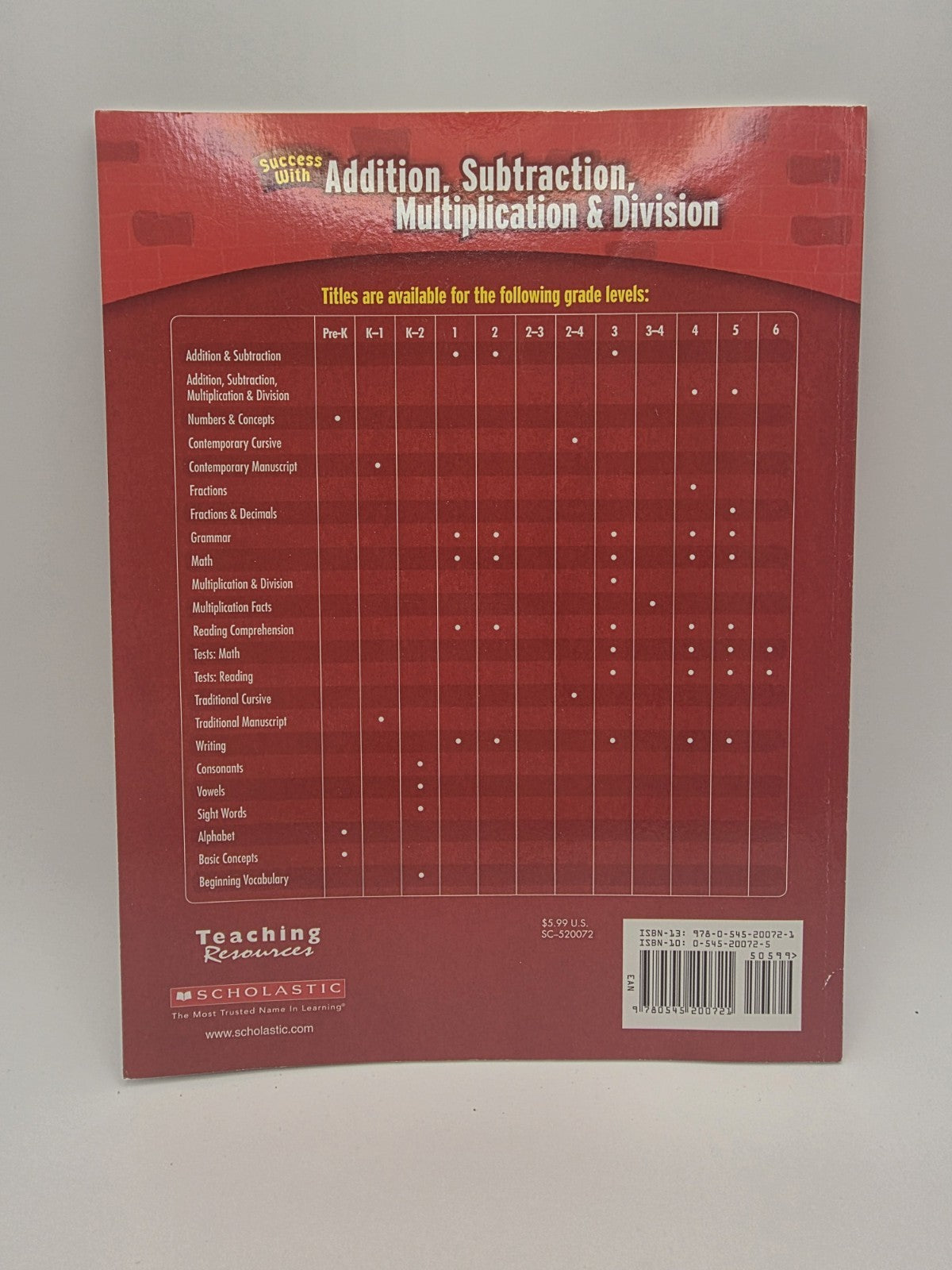 Scholastic Success With Math Grade 4 Add/Sub/Mul/Div Workbook (New)
