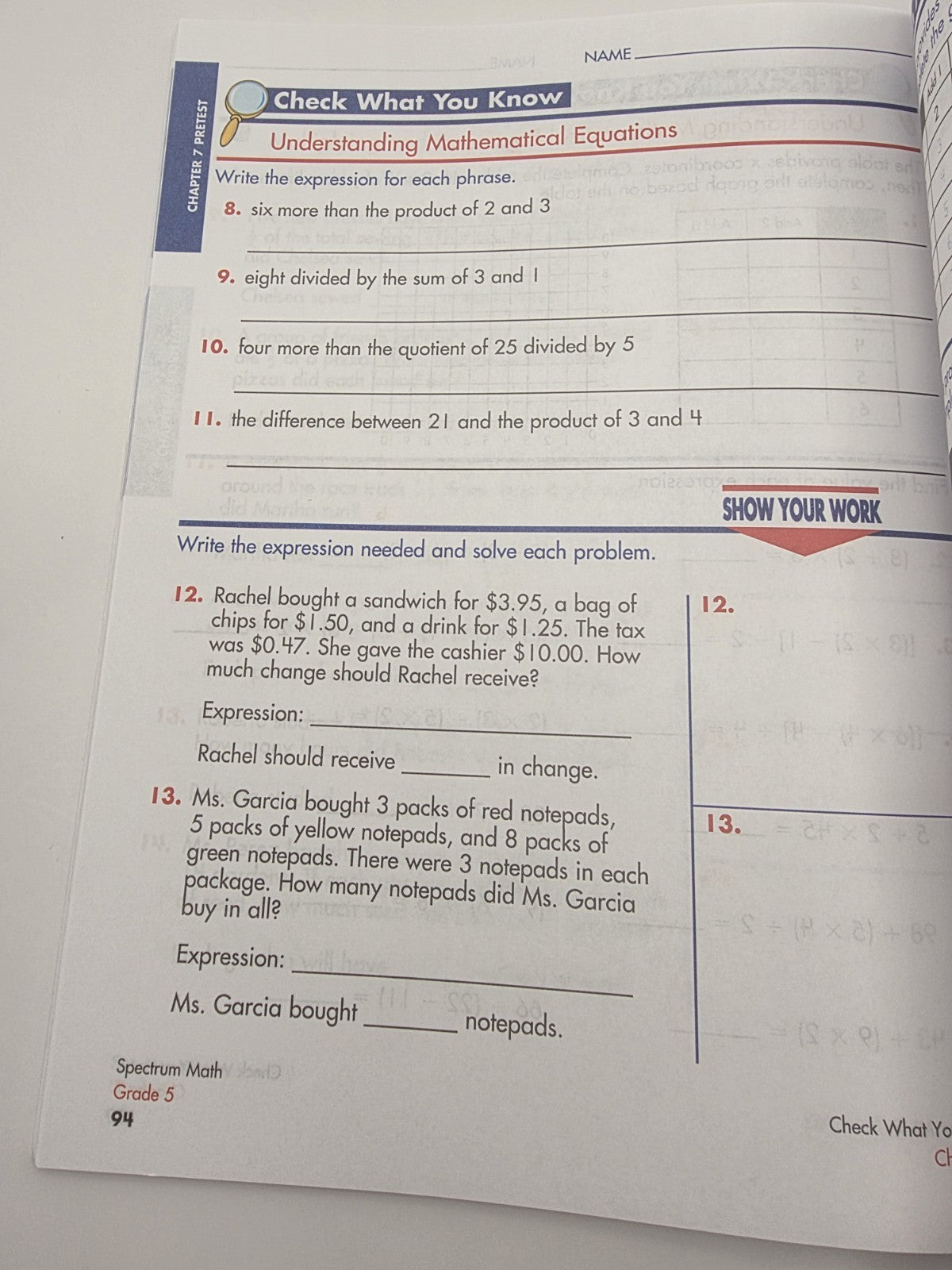 Spectrum Math Grade 5 Workbook Paperback with Answer Key 160 Pages (New)