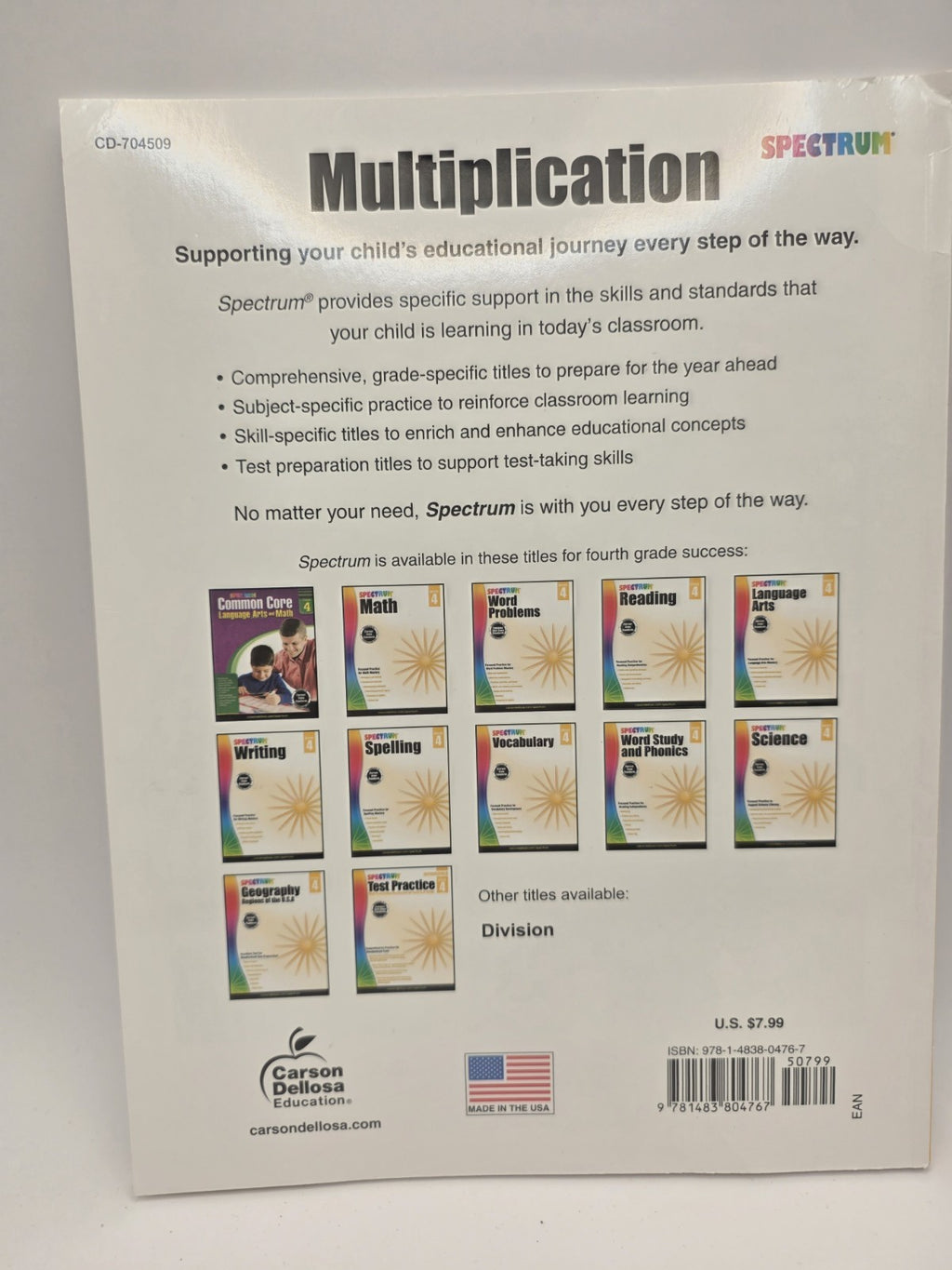 Spectrum Multiplication Grade 4 Workbook w/Answer Key Pretests Posttests (New)