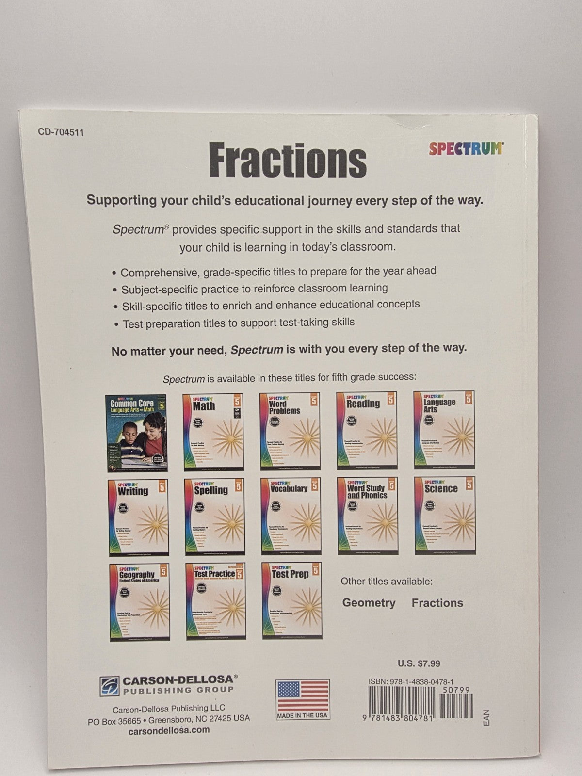 Spectrum Fractions Grade 5 Math Workbook Paperback 96 Pages (New)